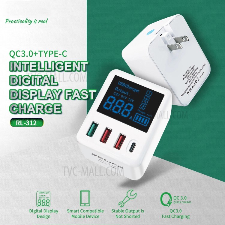 Relife RL-312 Display Digital Inteligente Carregador Rápido - Plugue AU-9