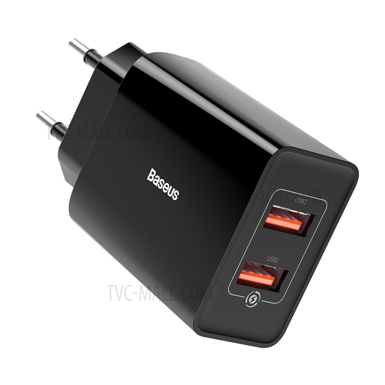 BASEUS QC Fast Charger 18W Travel Dual-USB Wall Charger Adapter EU Plug - Black-1