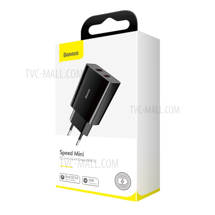 BASEUS QC Fast Charger 18W Travel Dual-USB Wall Charger Adapter EU Plug - Black-12