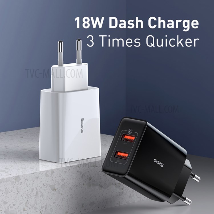BASEUS QC Fast Charger 18W Travel Dual-USB Wall Charger Adapter EU Plug - Black-3