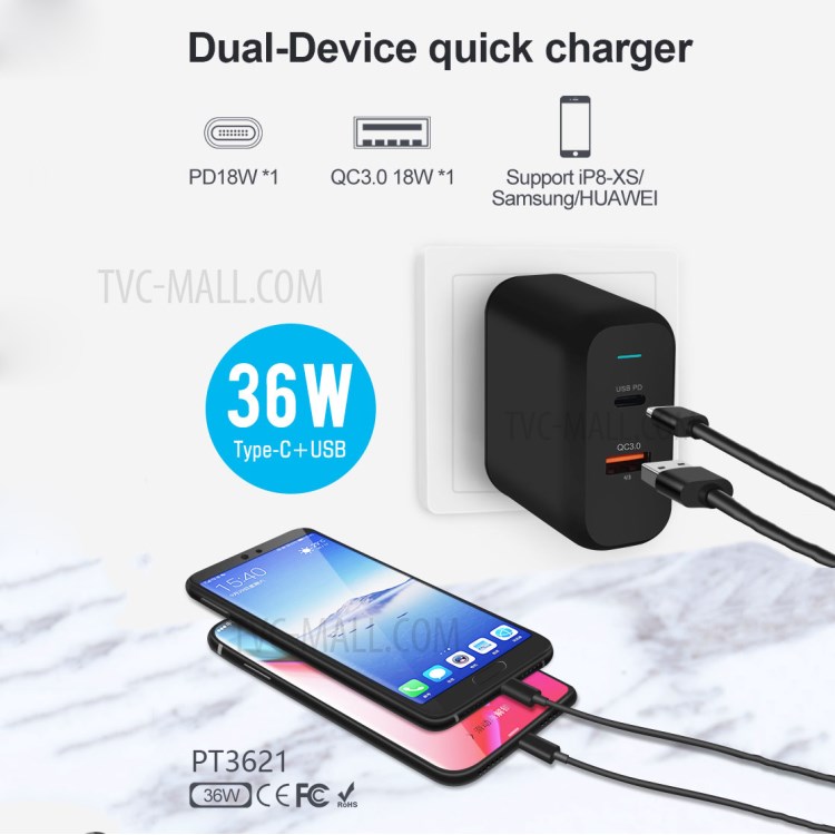 WIWU PT3621(TX-P236QD) PD+QC3.0 Fast Charger Wall Charger 36W Adapter US Plug-2