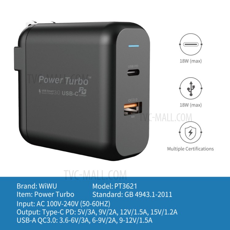 WIWU PT3621(TX-P236QD) PD+QC3.0 Fast Charger Wall Charger 36W Adapter US Plug-5