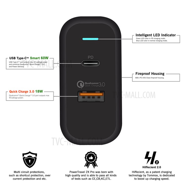 WIWU PT6021 PD+QC Fast Charger Wall Charger Adapter US Plug-2