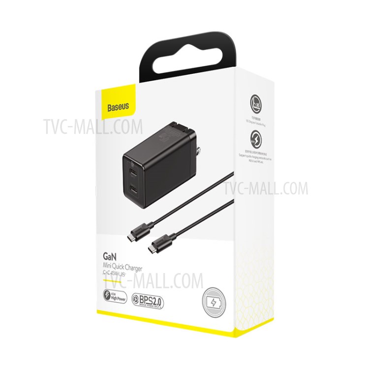 BASEUS GaN2 Quick Charge Type-C + Type-C Dual-port 45W Quick Charger, US Plug - Black-12