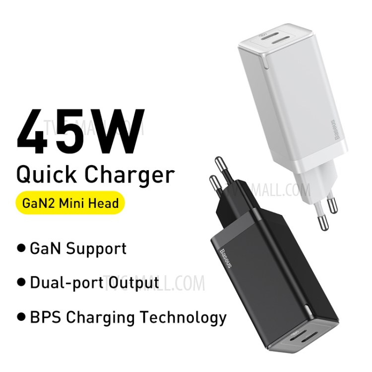 BASEUS GaN2 Quick Charge Type-C + Type-C Dual-port 45W Quick Charger, EU Plug - Black-2