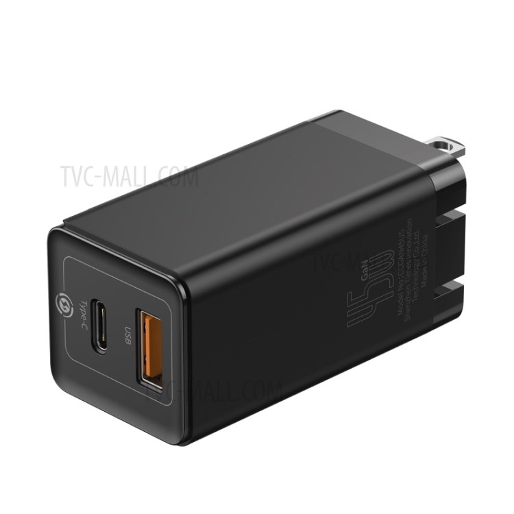 BASEUS GaN2 Quick Charge Type-C + USB Dual-port 45W Quick Charger, US Plug - Black-1