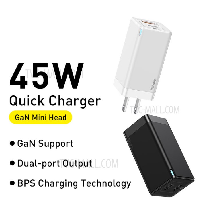 BASEUS GaN2 Quick Charge Type-C + USB Dual-port 45W Quick Charger, US Plug - Black-2