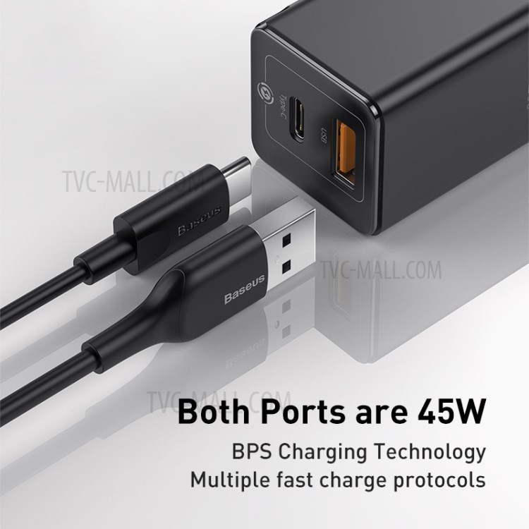 BASEUS GaN2 Quick Charge Type-C + USB Dual-port 45W Quick Charger, US Plug - Black-3