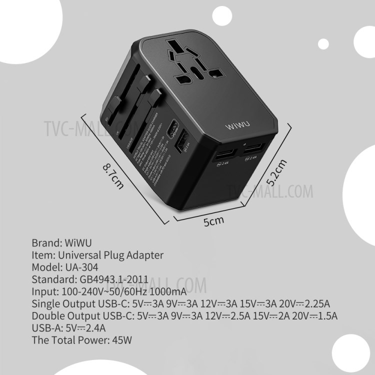 WIWU UA304 45W PD Universal Adaptateur De Voyage Chargeur Mural-5