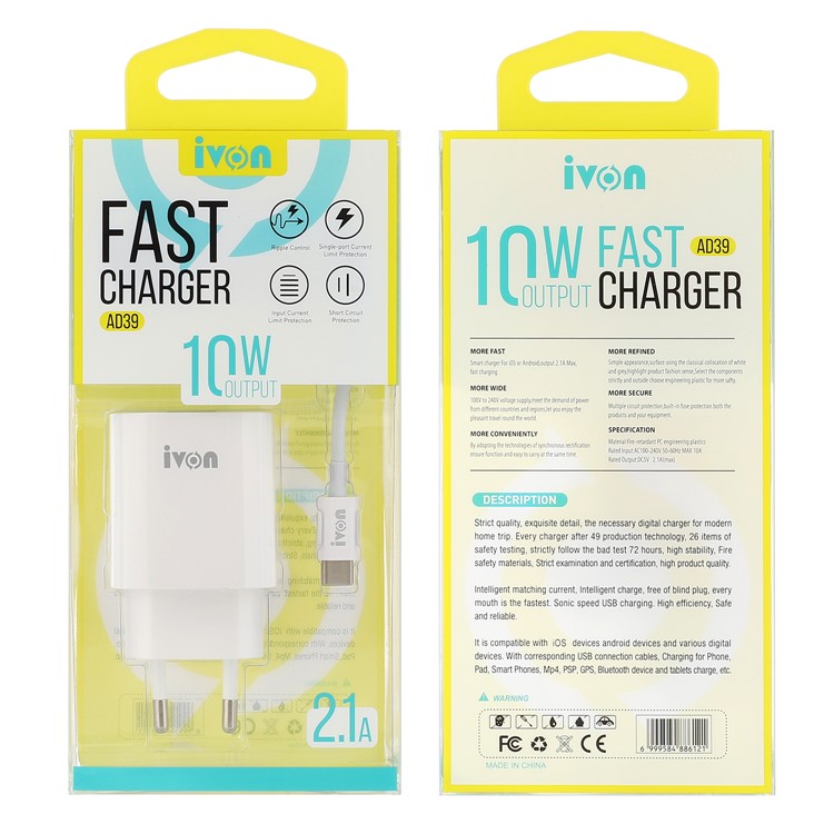 IVON AD39 10W Fast Charging Wall Charger Portable EU Plug Power Adapter with Type C Cable-2
