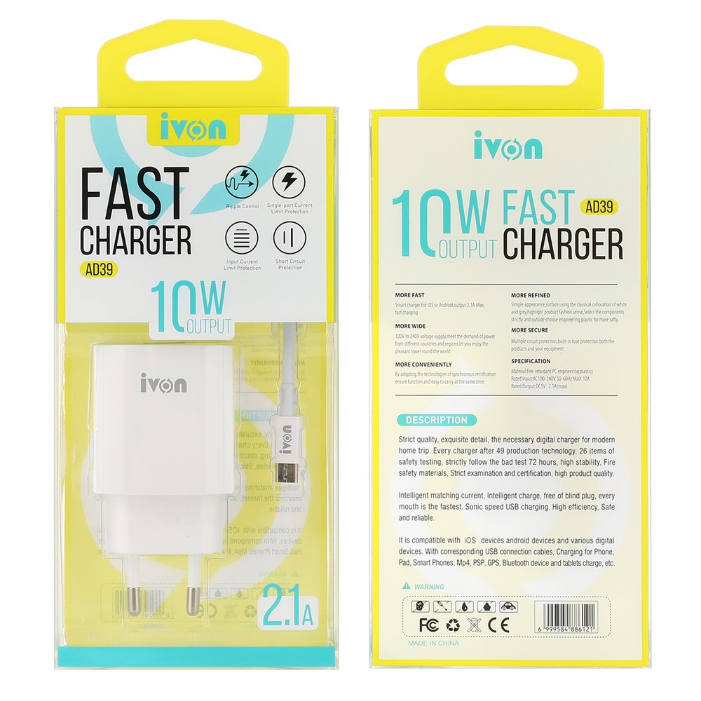 IVON AD39 10W Chargeur Mural à Charge Rapide Adaptateur D'alimentation Portable EU Plug Avec Câble Micro USB