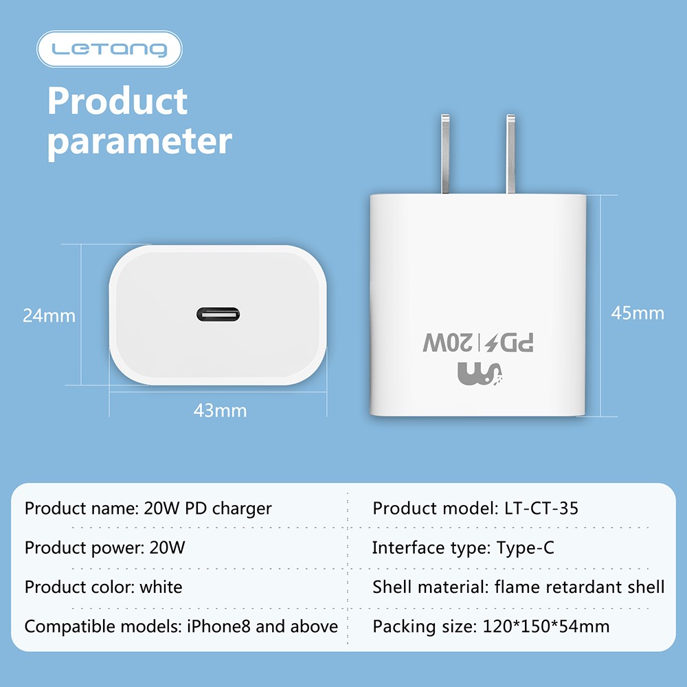 LETANG LT-CT-35 PD 20W Fast Charging Wall Charger Power Adapter - US Plug-7