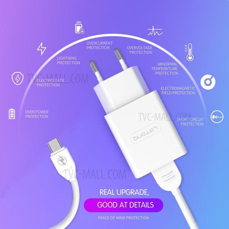 LETANG LT-TZ-14-V8 2.1A Wall Charger Adapter with Micro USB Charging Cable for Huawei Xiaomi - EU Plug-4