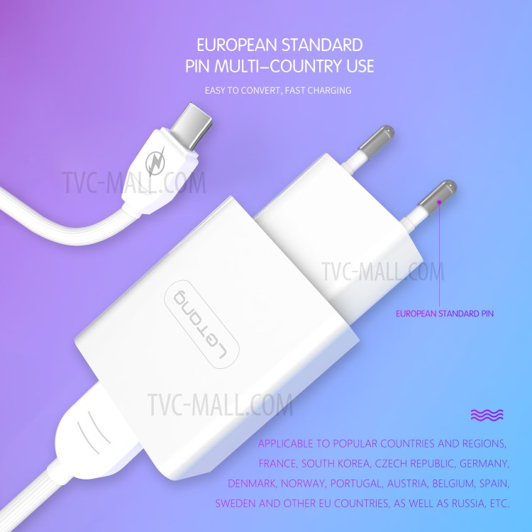 LETANG LT-TZ-14-V8 2.1A Wall Charger Adapter with Micro USB Charging Cable for Huawei Xiaomi - EU Plug-6