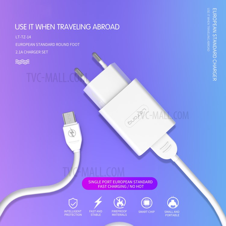LETANG LT-TZ-14-V8 2.1A Wall Charger Adapter with Micro USB Charging Cable for Huawei Xiaomi - EU Plug-8