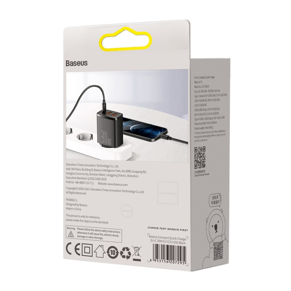 BASEUS Compact Quick Charger Portable 2U+C Three Ports 30W Wall Charging  Adapter EU Plug - Black-TVC-Mall.com