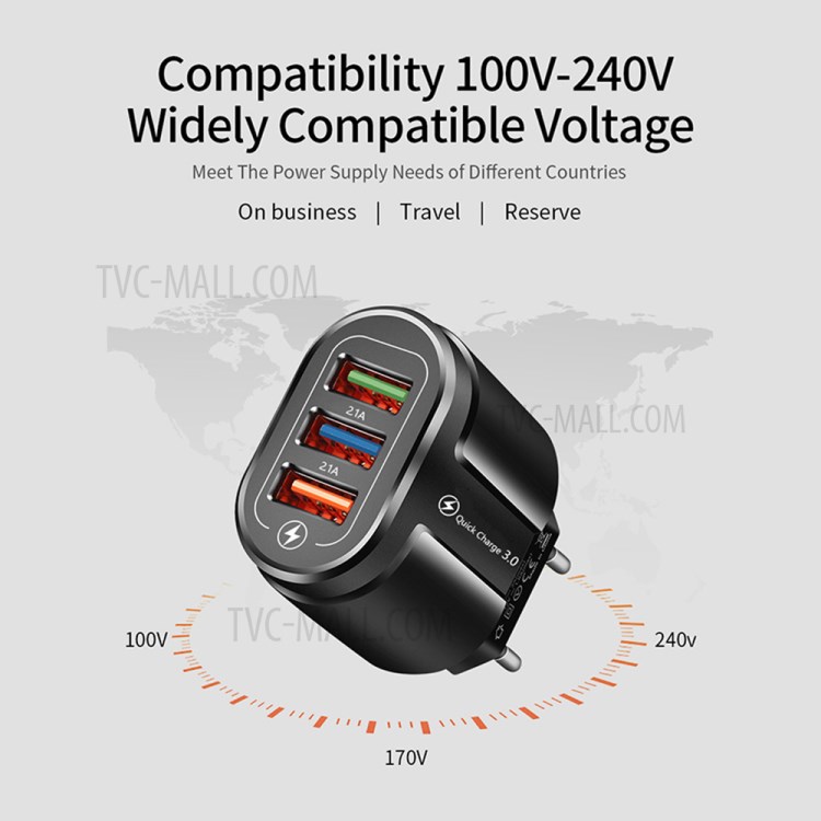 WPS-MKL-027 Macaron Color 3 USB Ports QC3.0 Phone Tablet Fast Charger Home Travel Power Adapter - Black/EU Plug-4