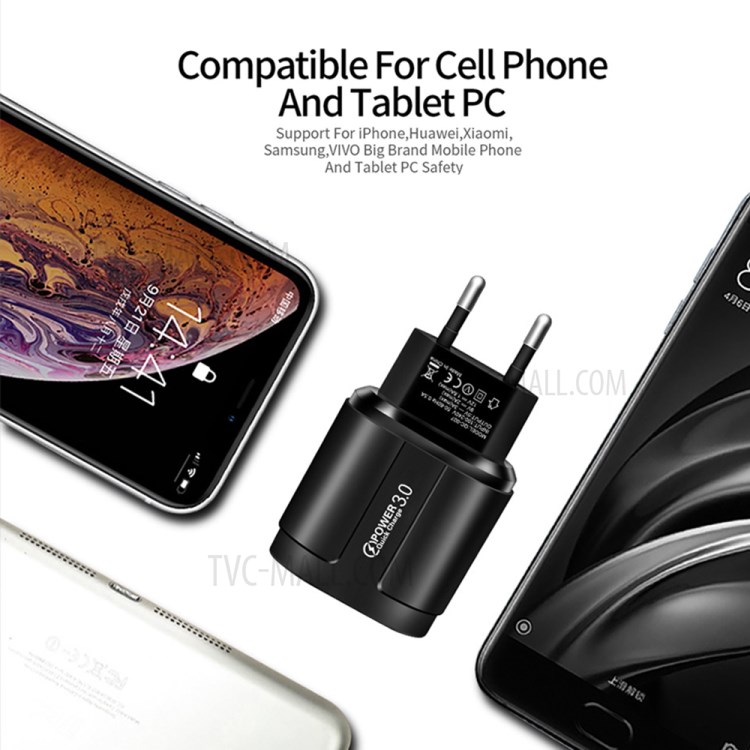 WPS-MKL-027 Macaron Color 3 USB Ports QC3.0 Phone Tablet Fast Charger Home Travel Power Adapter - Black/EU Plug-6