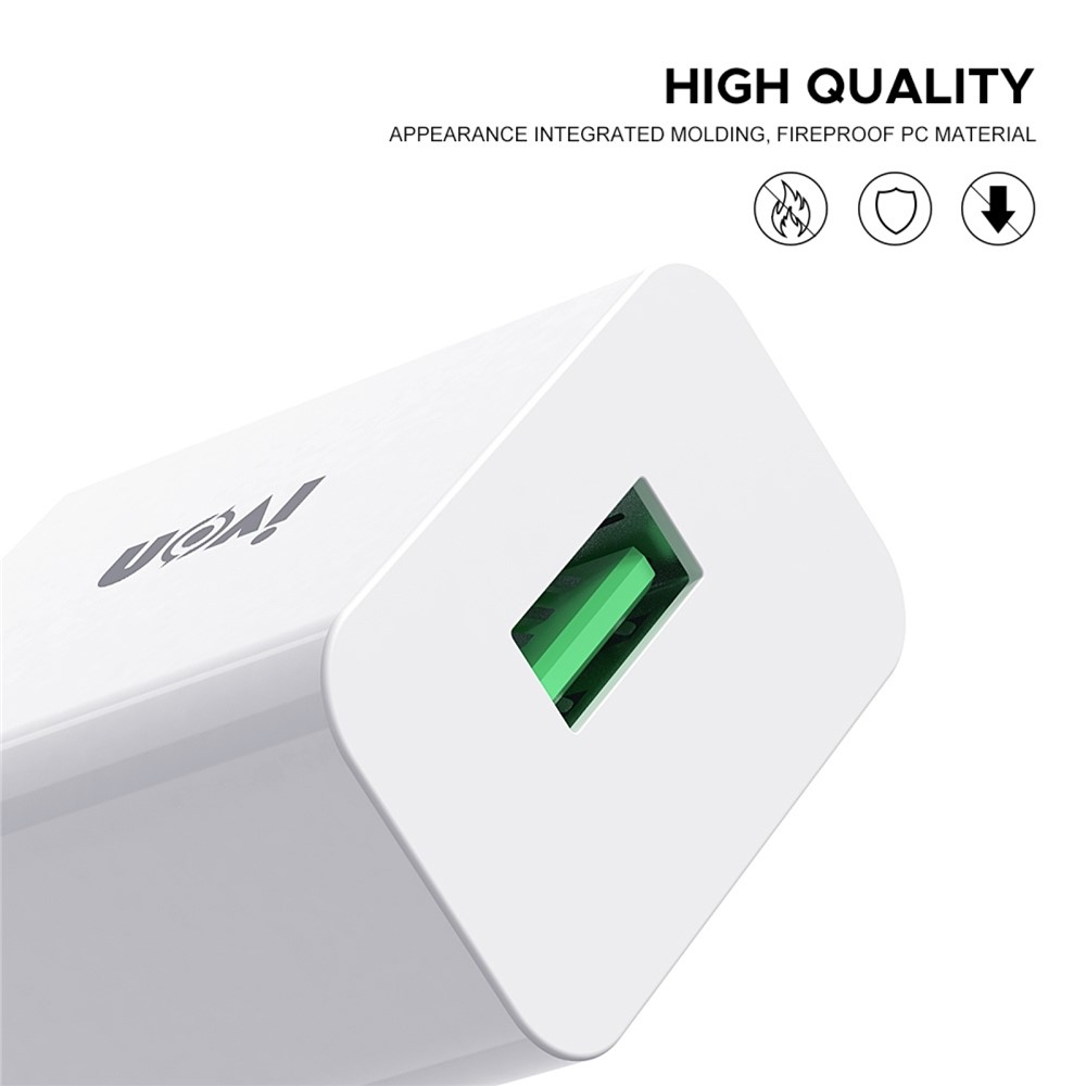 IVON AD-35 3A Fast Charging Travel Power Adapter QC3.0 USB Wall Charger + 1m Type-C Data Cable - EU Plug-2