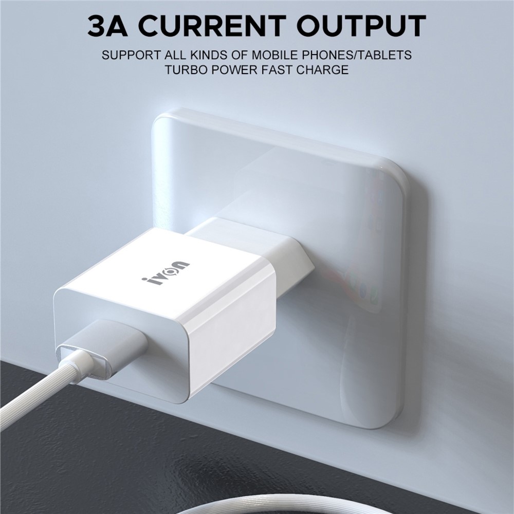 IVON AD-35 3A Fast Charging Travel Power Adapter QC3.0 USB Wall Charger + 1m Type-C Data Cable - EU Plug-5