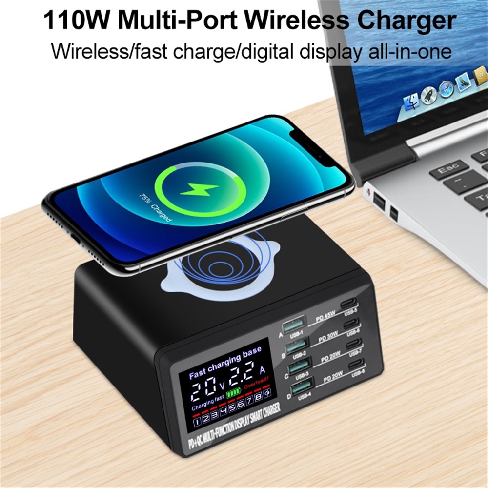 X9D 110W USB+PD Smart Multi-Port Charger + Wireless Charger for iPhone iPad AC100-240V Anti-Slip Charging Station - US Plug-2