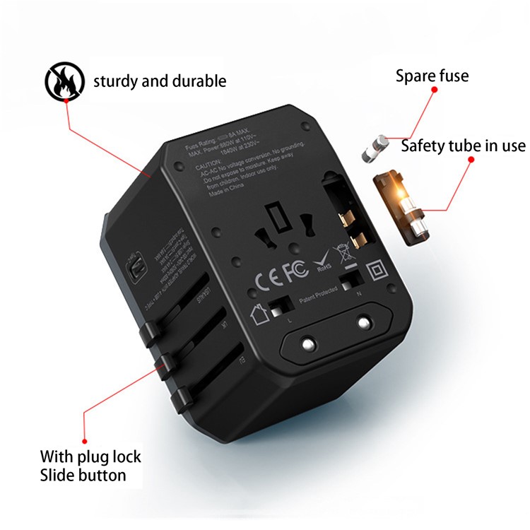 Adattatore da Viaggio Universale 788C International Adapter Plug Adattatore 5.6A ad Alta Velocità Con 4USB + Type-C - Blu