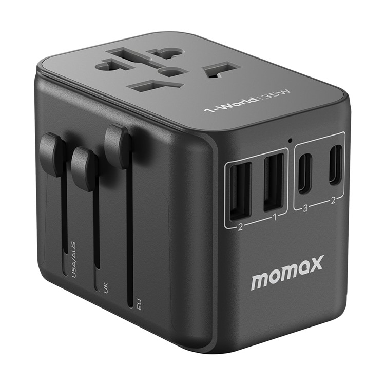 MOMAX 1-World 35W Universal PD Fast Charging Power Adapter Global Travel 5 Ports + AC Socket Converter - Black