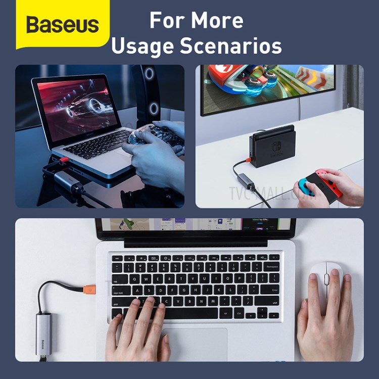 BASEUS Canhão Aço Série USB A Para USB 3.0 Adaptador * 3 + RJ45 HUB - Dray Escuro-10