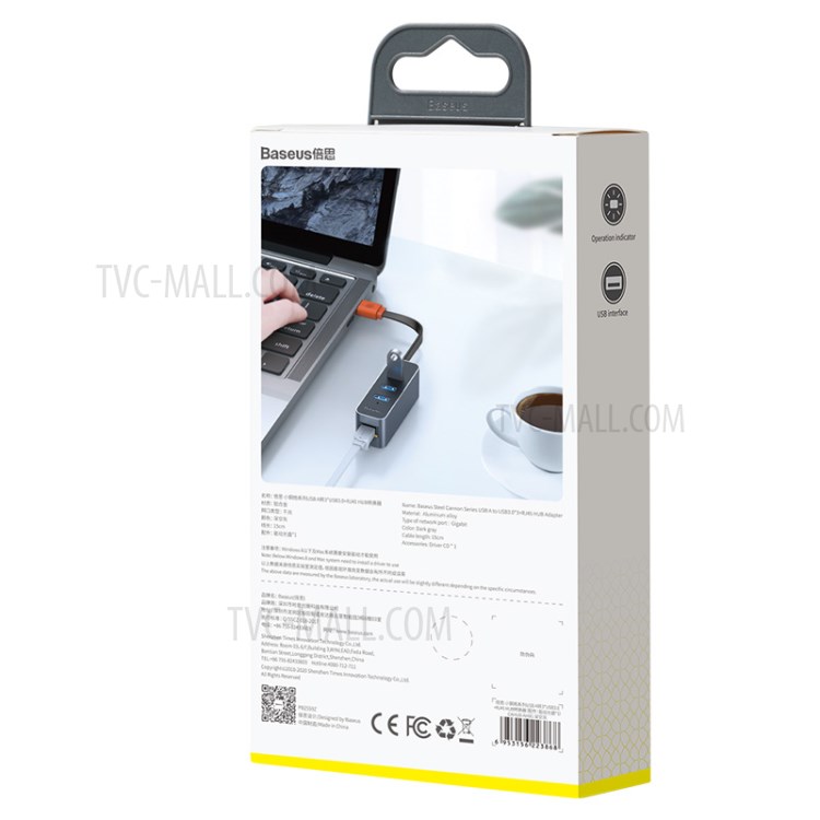 BASEUS Canhão Aço Série USB A Para USB 3.0 Adaptador * 3 + RJ45 HUB - Dray Escuro-18