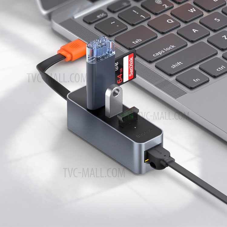 BASEUS Canhão Aço Série USB A Para USB 3.0 Adaptador * 3 + RJ45 HUB - Dray Escuro-2