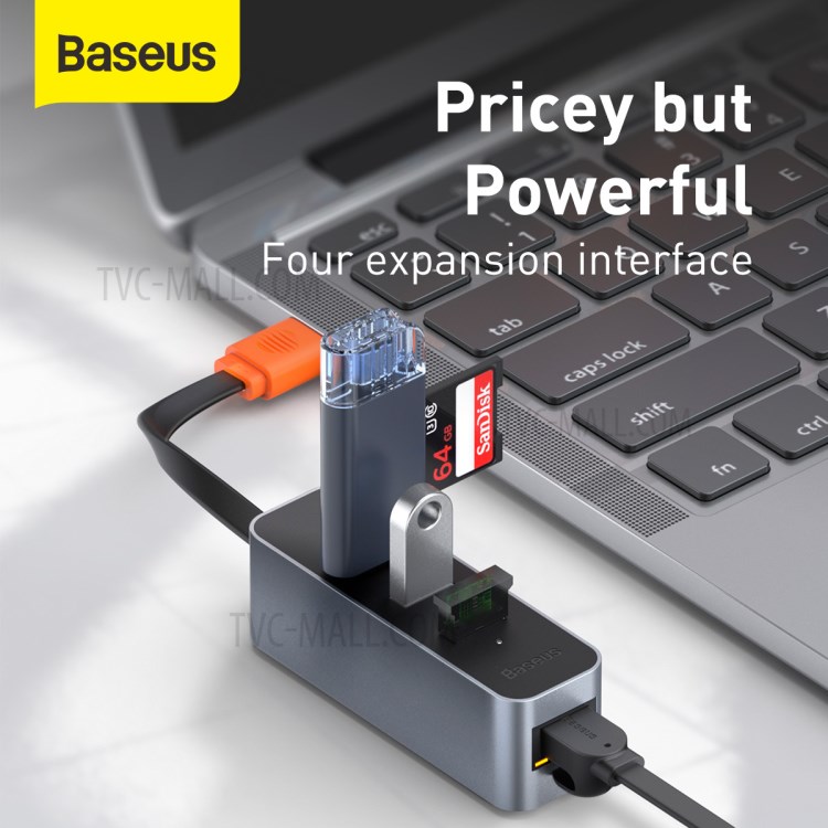 BASEUS Canhão Aço Série USB A Para USB 3.0 Adaptador * 3 + RJ45 HUB - Dray Escuro-6
