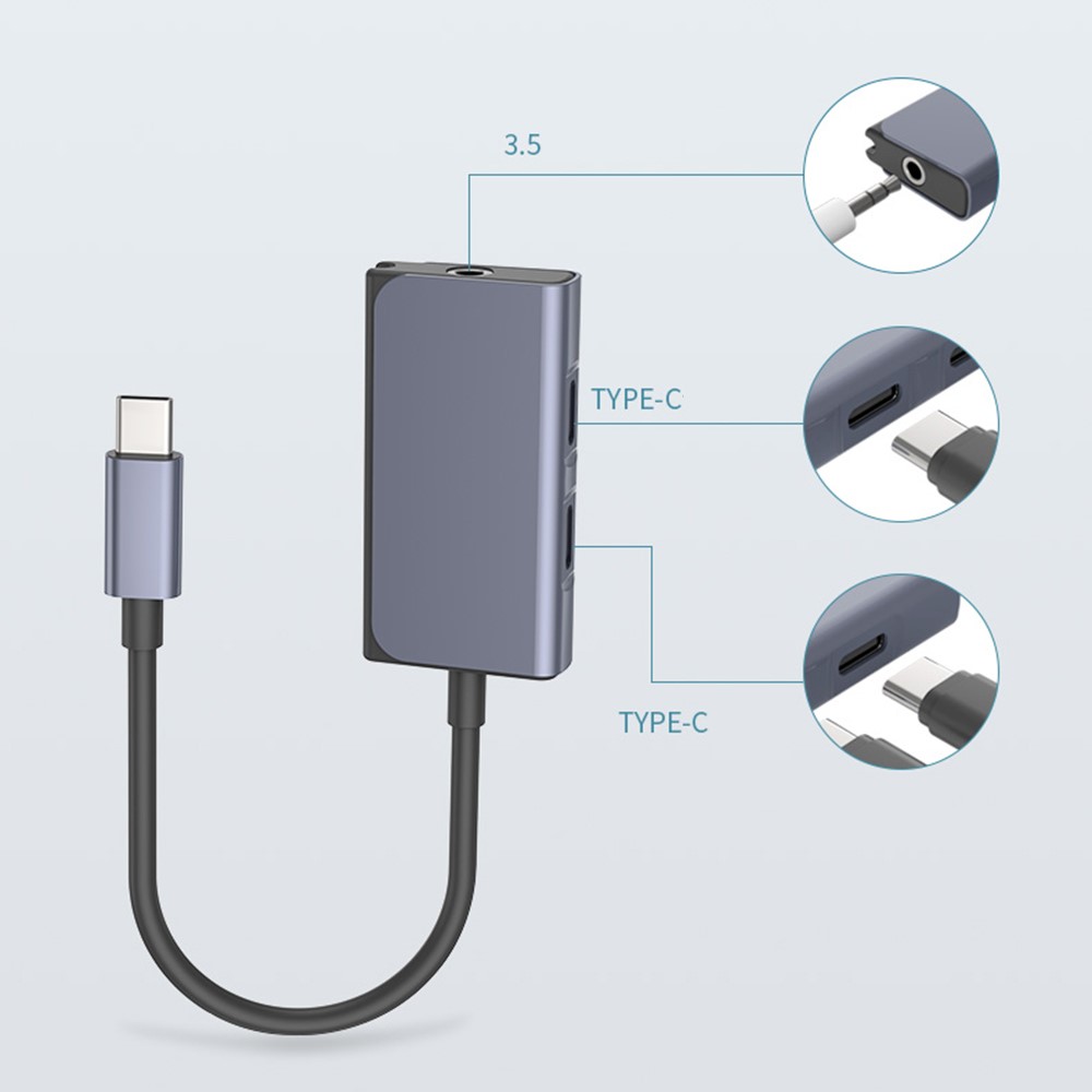 BLUEKEY USB-C to Headphone Adapter 3 in 1 Double Type-C 3.5mm Audio Cable for Huawei Xiaomi-8