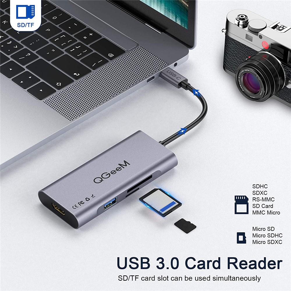 QGEEM QG-UH07-3 7-in-1 Type-C Docking Station Multi-Port USB-C Hub Support HD Compatible Chromebook Thunderbolt 3-3