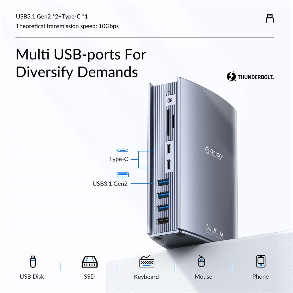 ORICO TB3-S3-GY-BP USB C Hub Adapter to 3.5mm AUX Port Memory Card Reader Slots 10Gbps Type C Port 15W 60W PD Port USB 3.1 USB 2.0 DC Charge RJ45 4K Video Output - US Plug-11