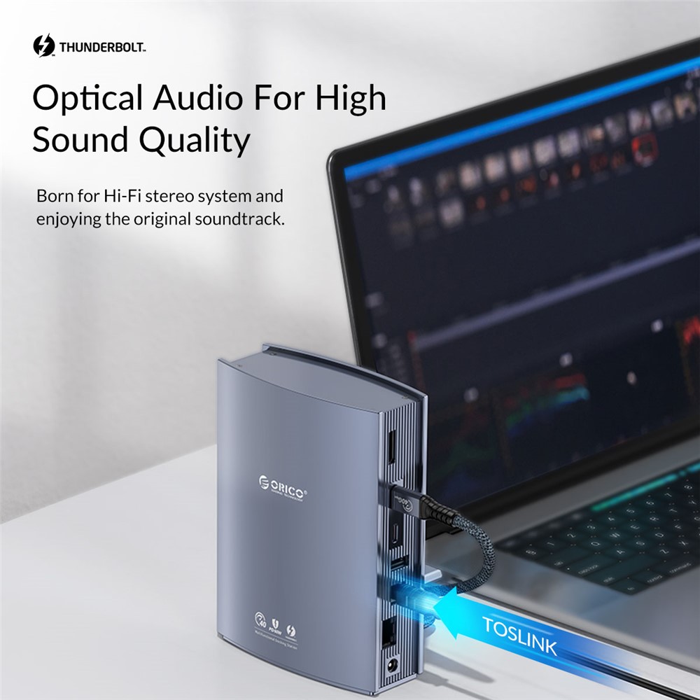 ORICO TB3-S3-GY-BP USB C Hub Adapter to 3.5mm AUX Port Memory Card Reader Slots 10Gbps Type C Port 15W 60W PD Port USB 3.1 USB 2.0 DC Charge RJ45 4K Video Output - US Plug-12
