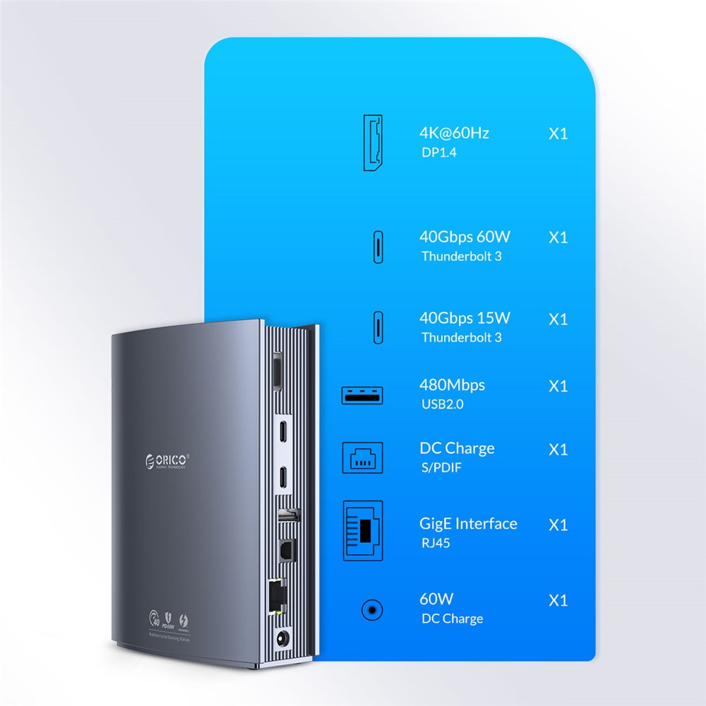 ORICO TB3-S3-GY-BP USB C Hub Adapter to 3.5mm AUX Port Memory Card Reader Slots 10Gbps Type C Port 15W 60W PD Port USB 3.1 USB 2.0 DC Charge RJ45 4K Video Output - US Plug-5