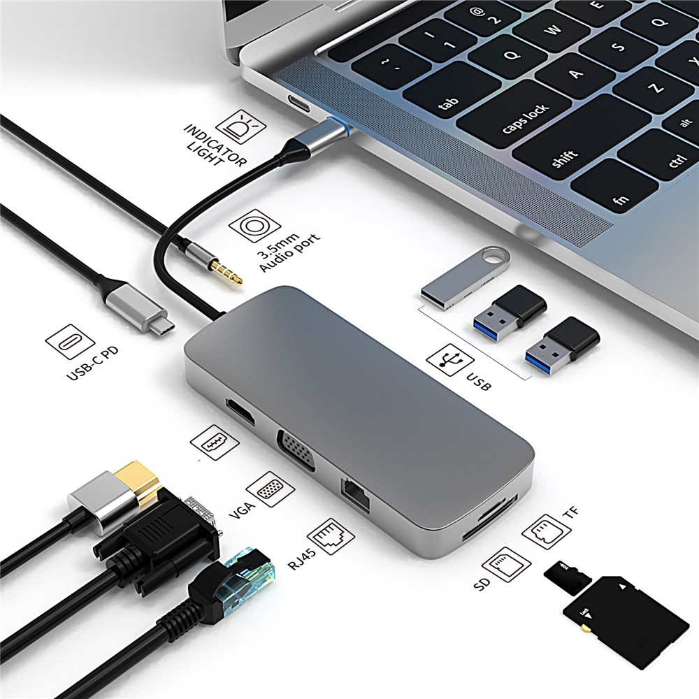 BL10V USB C Hub to HD 4K Video Output+USB 3.0+2xUSB 2.0+2 Memory Card Slots+RJ45+VGA+3.5mm Audio Port+PD Charging Port for Laptop Computer and Type-C Devices-10