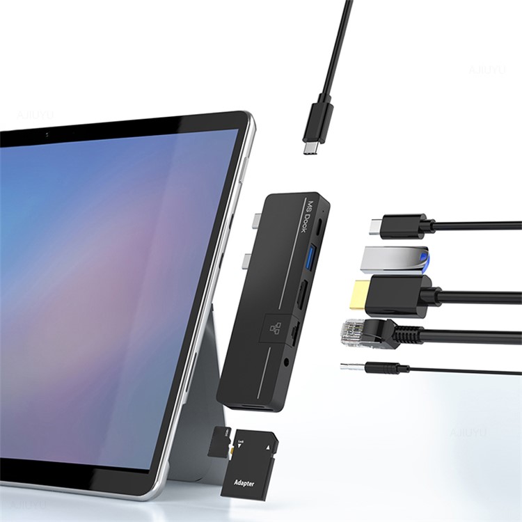 Dual Type-C Port USB HUB Adapter with RJ45 10M / 100M for Surface Pro X / Pro 8 Portable Docking Station