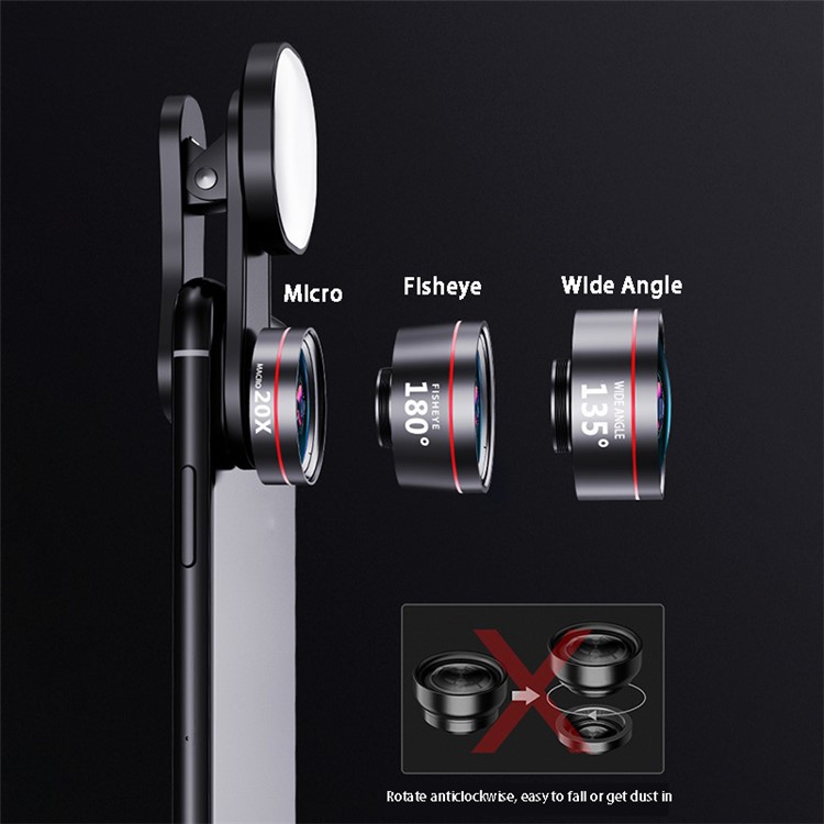 XIAOTIAN Mobile Phone Lens Professional Shooting Lens External HD Camera Fill Light + Ultra-Clear Lens Set with Ultra-Wide Angle + Macro + Fisheye-3