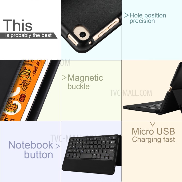 Bluetooth Keyboard with Stand Leather Protective Shell for iPad mini (2019) 7.9-inch/iPad Mini 5 - Black-8