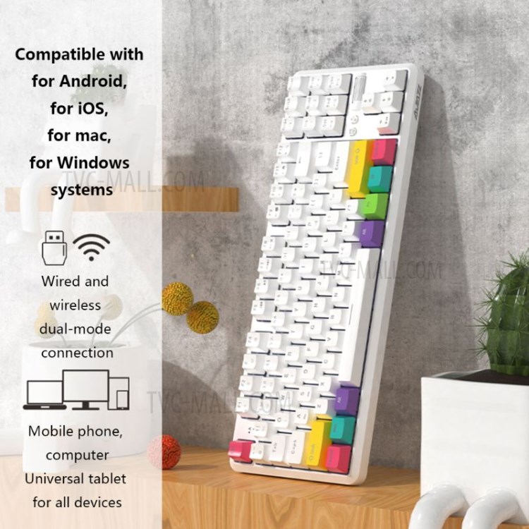 AJAZZ K870T Wired/Wireless Bluetooth Keyboard 87 Keys Dual Mode Keyboard with RGB Backlight for Phone Laptop - White / Red Switch-2