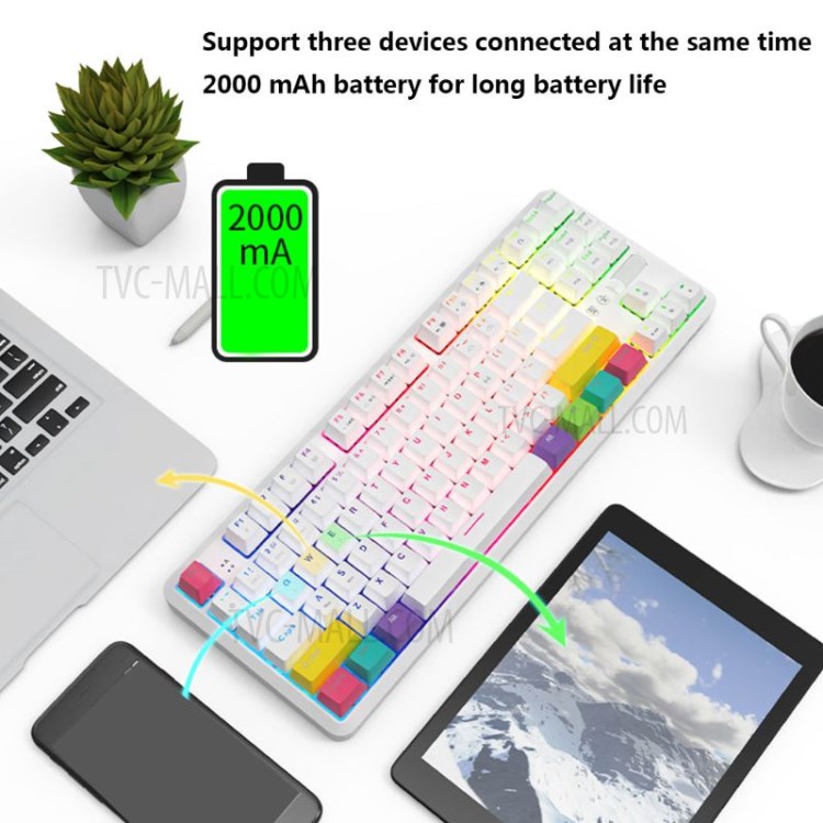AJAZZ K870T Wired/Wireless Bluetooth Keyboard 87 Keys Dual Mode Keyboard with RGB Backlight for Phone Laptop - White / Red Switch-4
