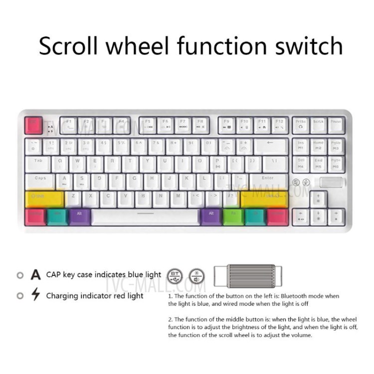 AJAZZ K870T Wired/Wireless Bluetooth Keyboard 87 Keys Dual Mode Keyboard with RGB Backlight for Phone Laptop - White / Red Switch-8