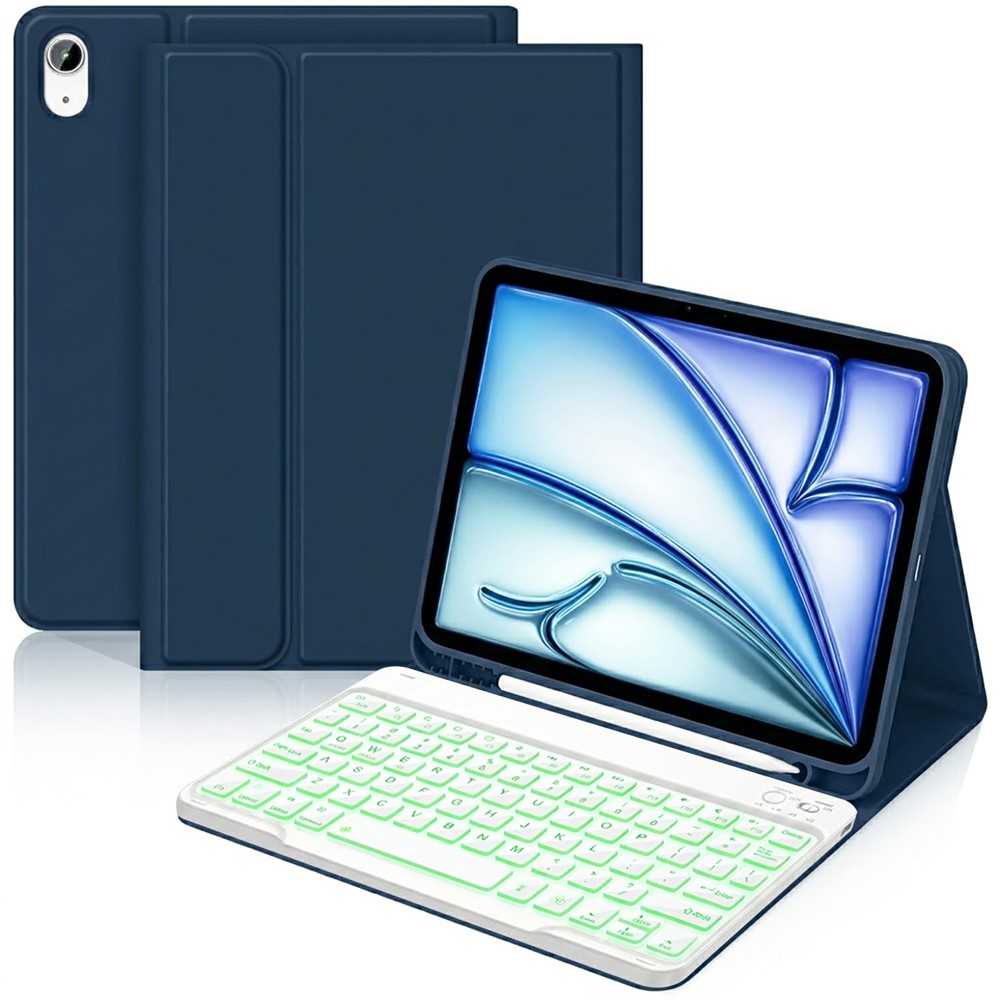 For iPad Air 11 (2026) / (2025) / (2024) / iPad Air (2022) / (2020) 7-Color Backlit Detachable Bluetooth-compatible Keyboard Leather Case - Navy Blue