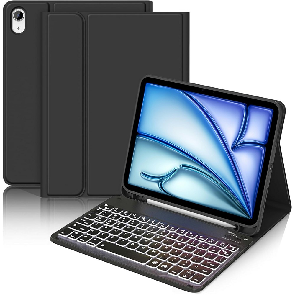 For iPad Air 11 (2026) / (2025) / (2024) / iPad Air (2022) / (2020) 7-Color Backlit Detachable Bluetooth-compatible Keyboard Leather Case - Black