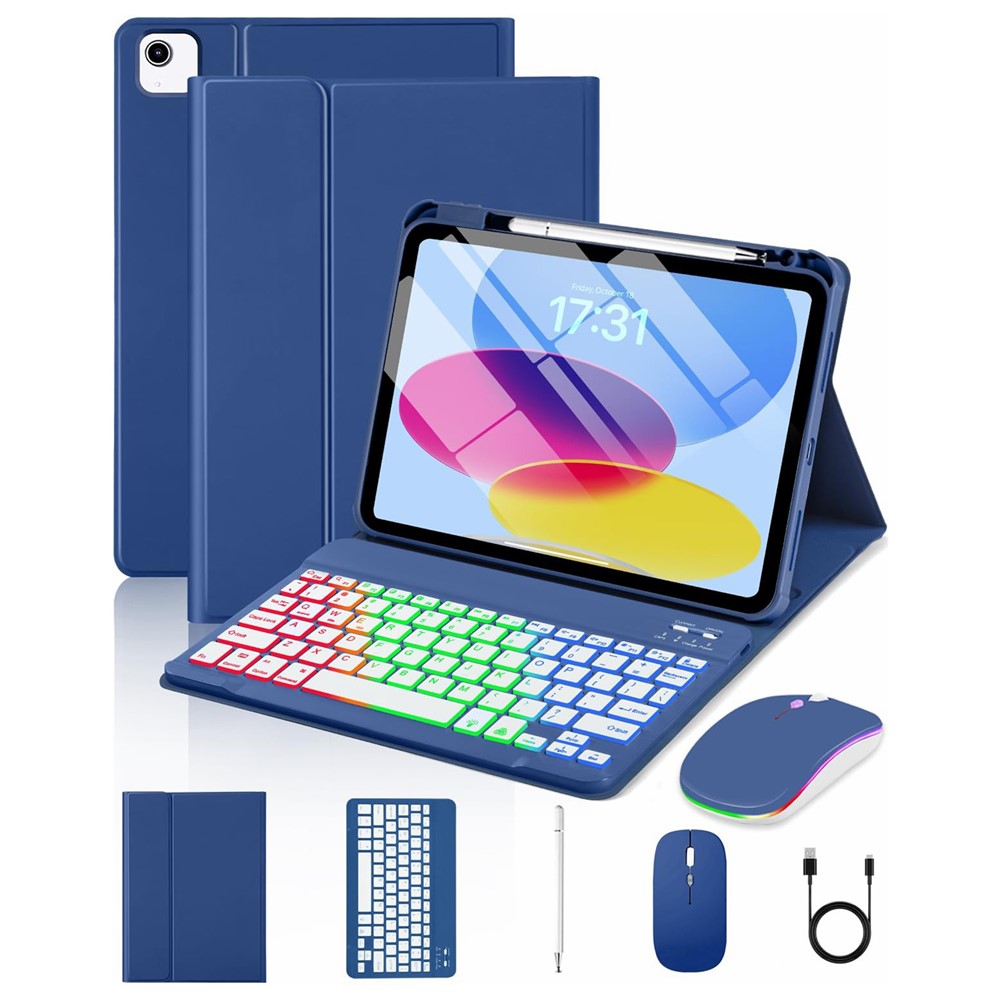 HR-1109 For iPad Air 11 (2026) / (2025) / (2024) / Air (2022) / (2020) / iPad Pro 11 (2022) / (2021) / (2020) / (2018) Magnetic Detachable Keyboard Case with Wireless Mouse and Stylus - Navy Blue