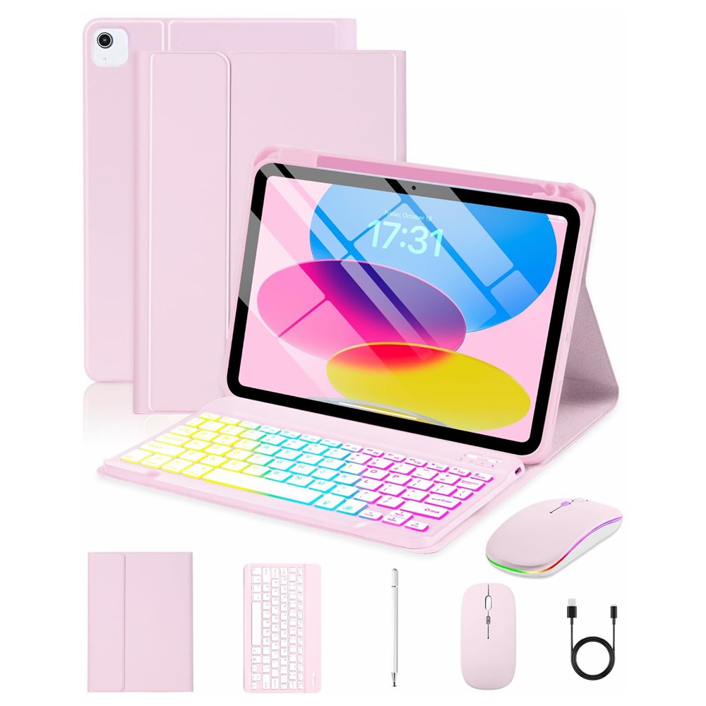 HR-1109 For iPad Air 11 (2026) / (2025) / (2024) / Air (2022) / (2020) / iPad Pro 11 (2022) / (2021) / (2020) / (2018) Magnetic Detachable Keyboard Case with Wireless Mouse and Stylus - Pink