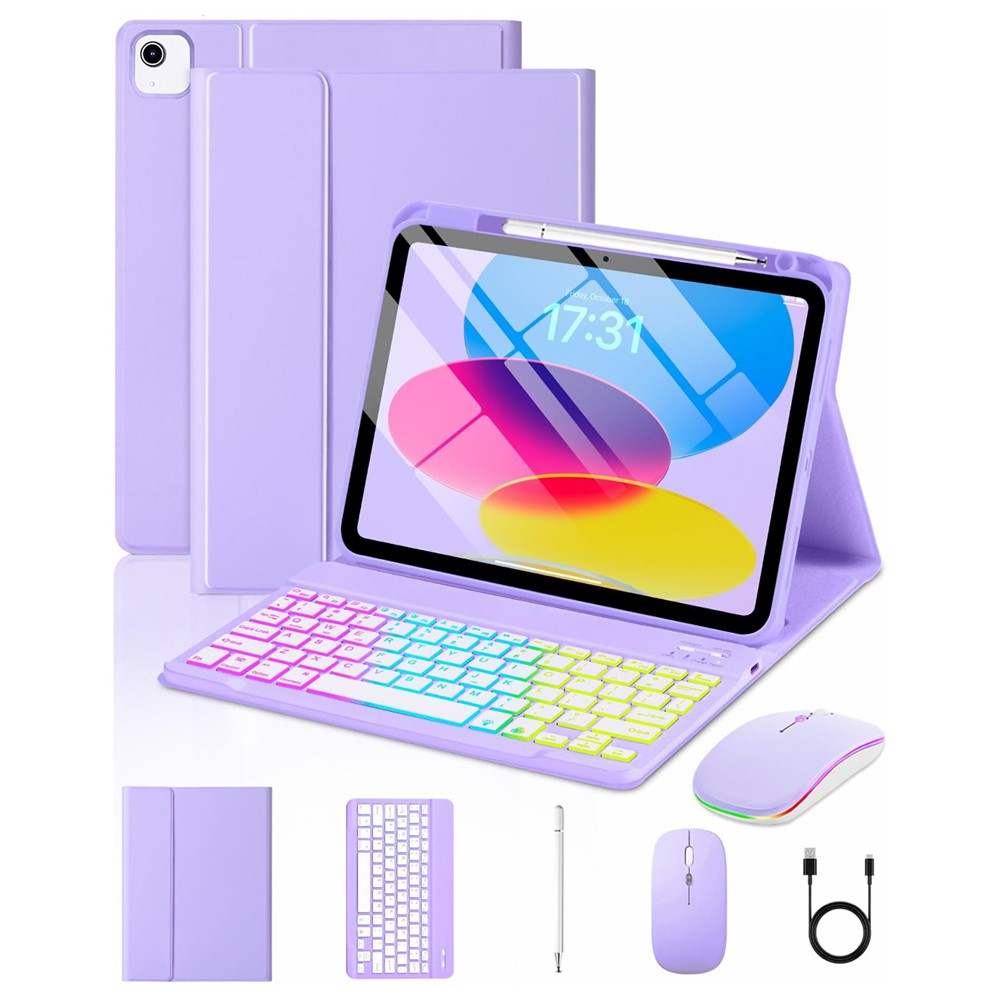 HR-1109 For iPad Air 11 (2026) / (2025) / (2024) / Air (2022) / (2020) / iPad Pro 11 (2022) / (2021) / (2020) / (2018) Magnetic Detachable Keyboard Case with Wireless Mouse and Stylus - Purple