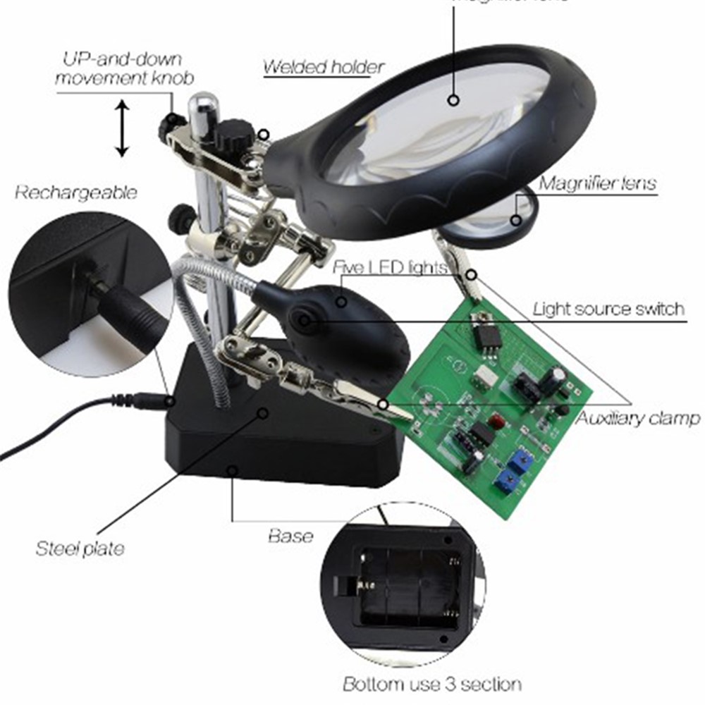 BST-16129C New Function 5X LED Fixing Clip 3 in 1 Welding Magnifier for Repairing PCB Mobile Phone Screen Magnifier-3