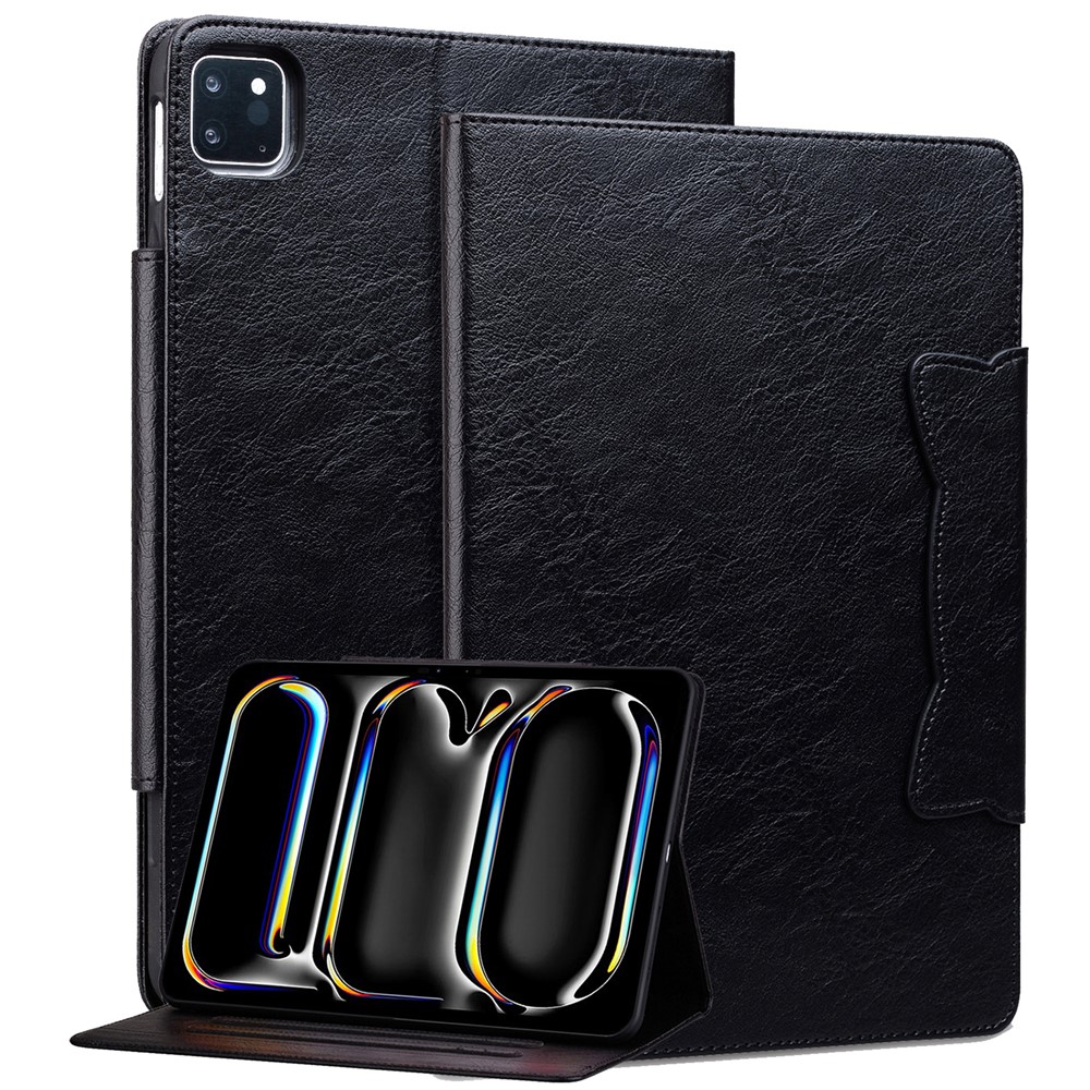 For iPad Pro 13 (2025) / 13 (2024) Case PU Leather Card Slots Tablet Cover Cat-shaped Magnetic Clasp - Black